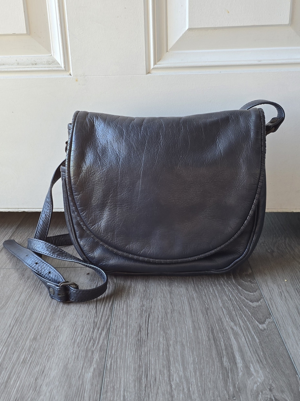 Navy Blue Leather Saddle Crossbody Bag Flap Closure Antique Brass Vintage Look